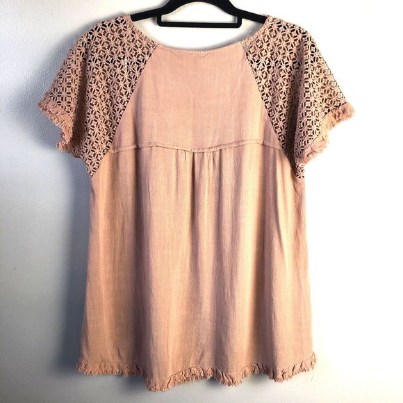 Umgee Top Womens S Eyelet Crochet Sleeve Tunic Blouse Raw Hem Linen Blend Boho - Picture 8 of 10